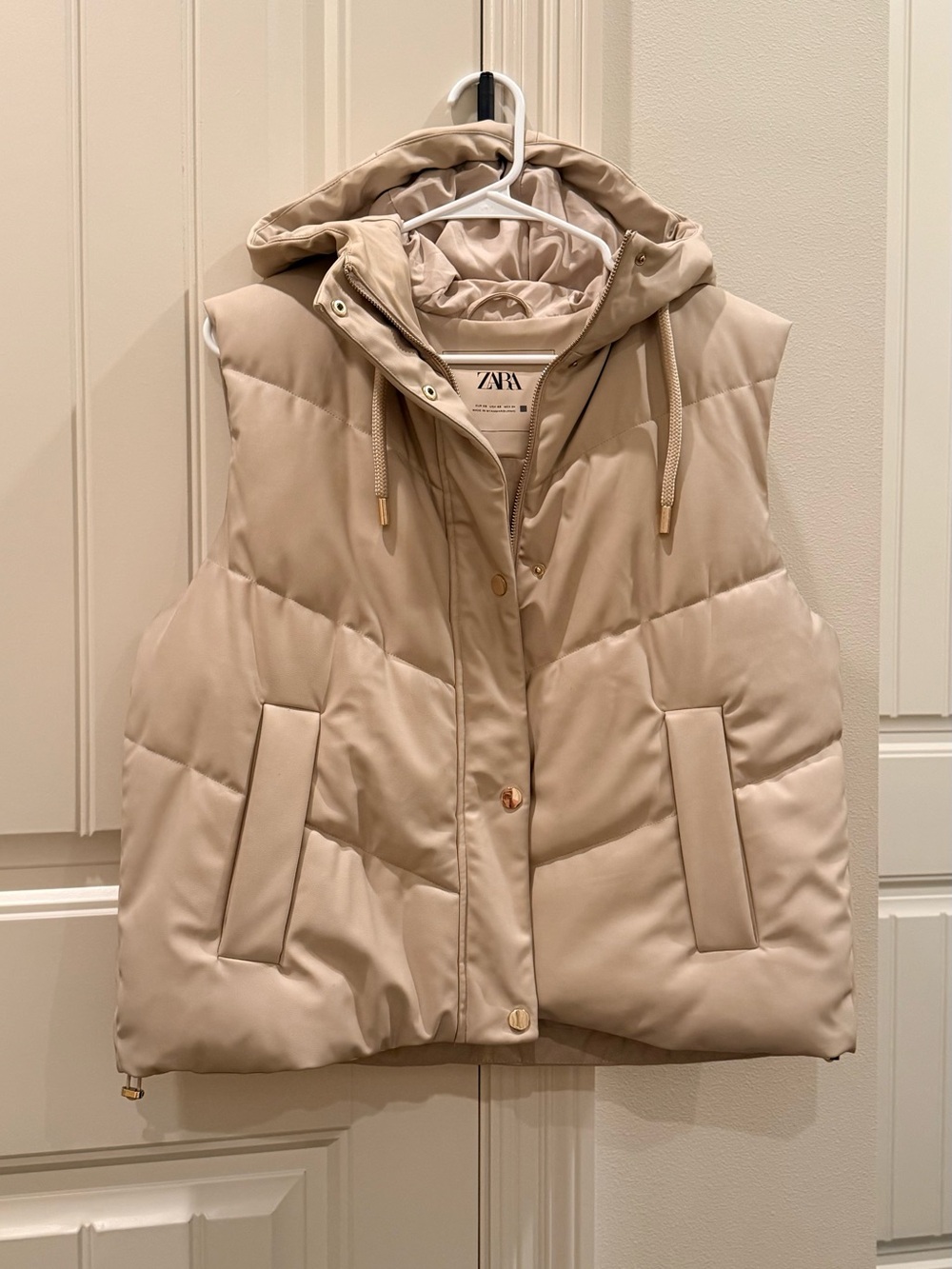 Zara Faux Leather Hooded Puffer Vest in Beige